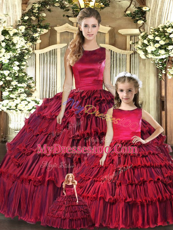 Sexy Organza Scoop Sleeveless Lace Up Ruffled Layers 15th Birthday Dress in Wine Red