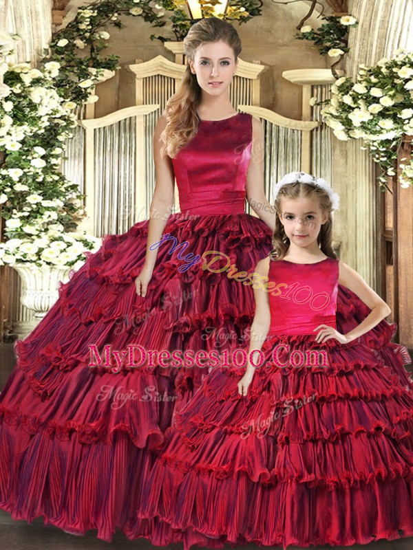 Sexy Organza Scoop Sleeveless Lace Up Ruffled Layers 15th Birthday Dress in Wine Red