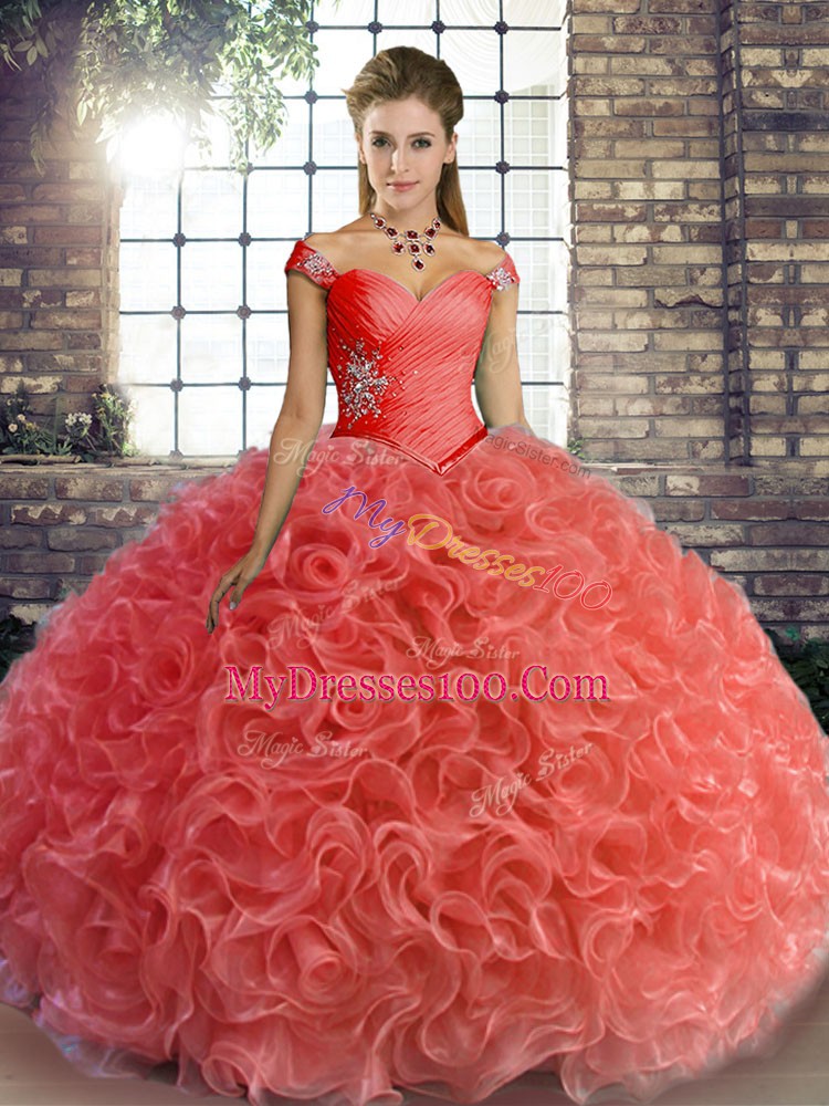 Lovely Floor Length Lace Up Quinceanera Dresses Watermelon Red for Military Ball and Sweet 16 and Quinceanera with Beading