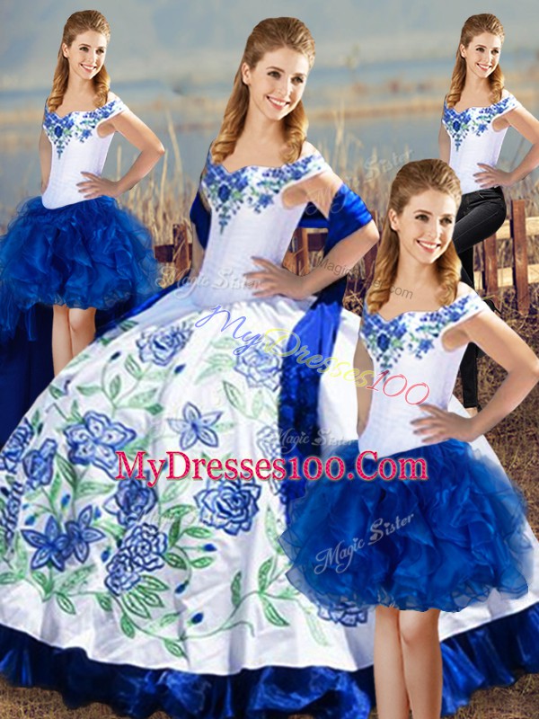 Blue And White Ball Gowns Satin Off The Shoulder Sleeveless Embroidery Floor Length Lace Up Quinceanera Dresses