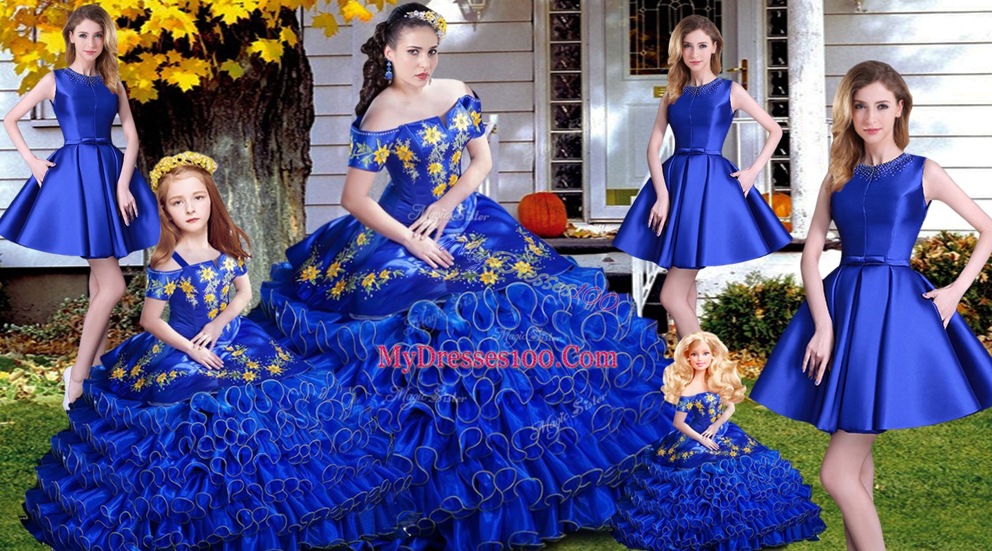 Embroidery and Ruffles Ball Gown Prom Dress Royal Blue Lace Up Sleeveless