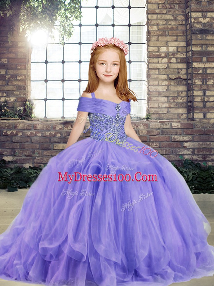 Stunning Lavender Little Girls Pageant Gowns Party and Wedding Party with Beading Off The Shoulder Sleeveless Lace Up