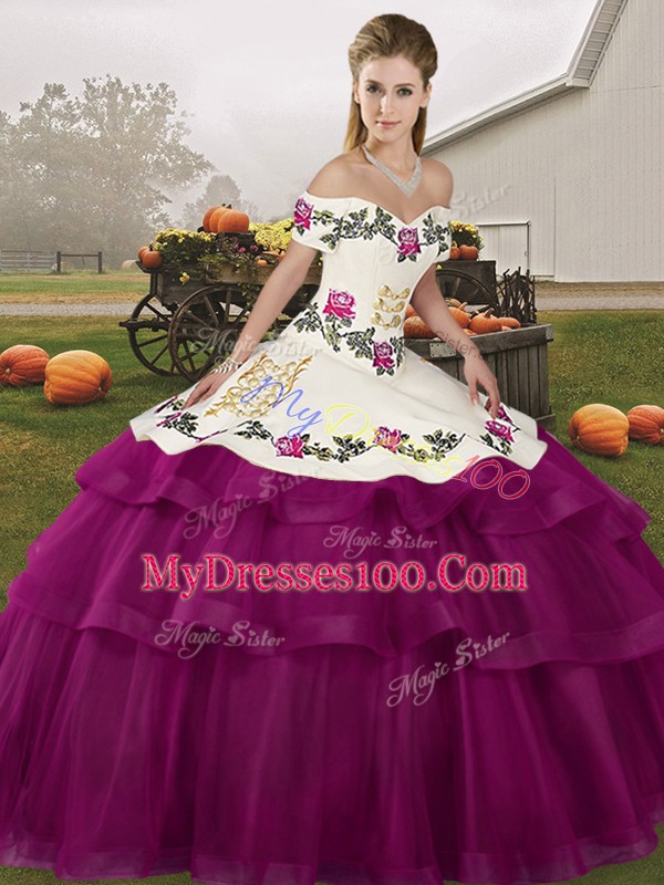High Quality Fuchsia Sweet 16 Dresses Off The Shoulder Sleeveless Brush Train Lace Up