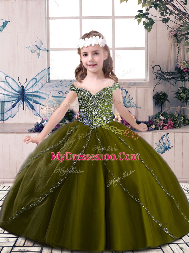 Customized Floor Length Olive Green Winning Pageant Gowns Straps Sleeveless Lace Up