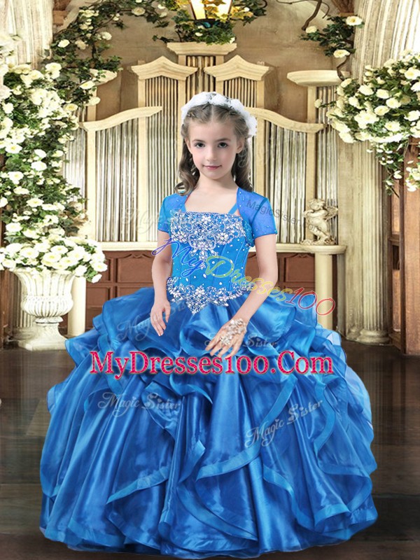 Straps Sleeveless Pageant Dress Floor Length Beading and Ruffles Baby Blue Organza