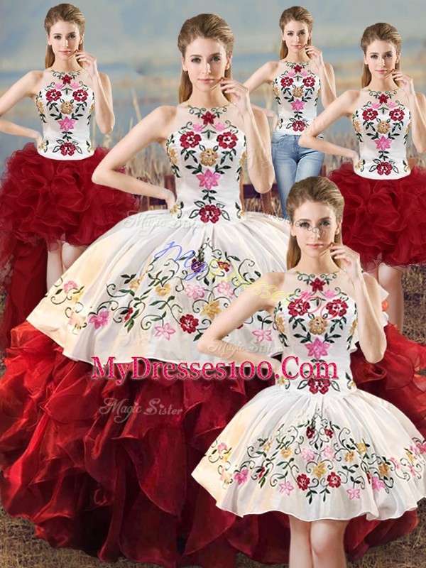Designer Halter Top Sleeveless Ball Gown Prom Dress Floor Length Embroidery and Ruffles White And Red Organza