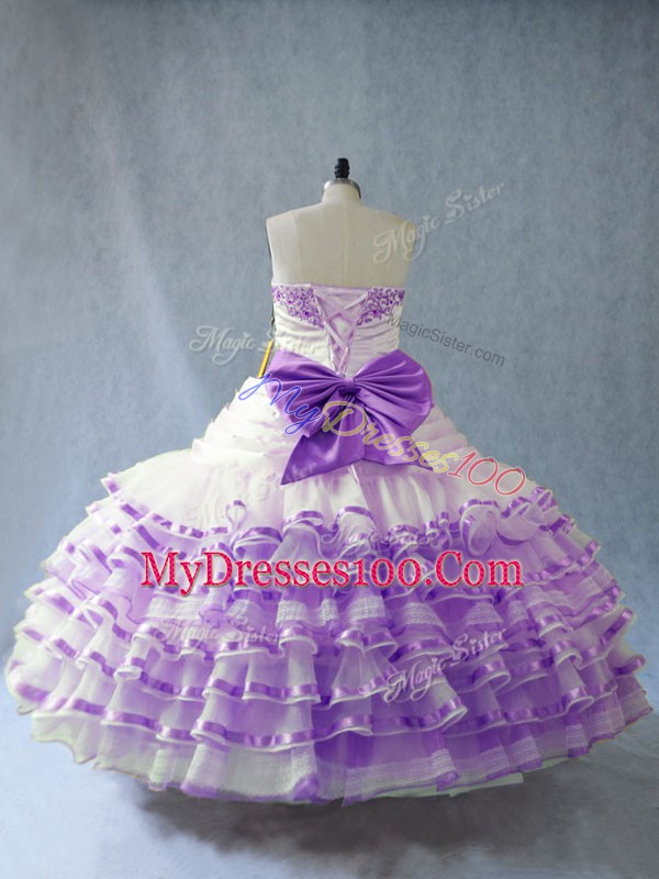 Organza Sleeveless Floor Length Vestidos de Quinceanera and Embroidery and Ruffled Layers and Bowknot