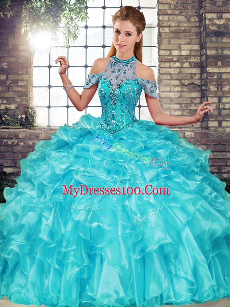 Chic Aqua Blue Sleeveless Floor Length Beading and Ruffles Lace Up Sweet 16 Dress