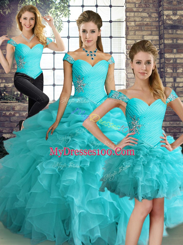 Deluxe Floor Length Aqua Blue Quinceanera Dresses Organza Sleeveless Beading and Ruffles and Pick Ups