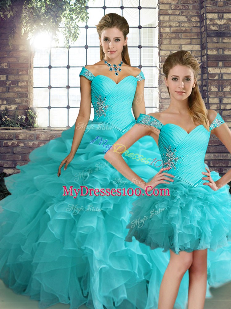 Deluxe Floor Length Aqua Blue Quinceanera Dresses Organza Sleeveless Beading and Ruffles and Pick Ups