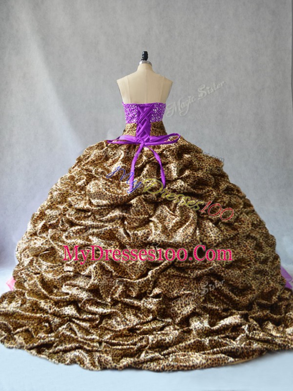Top Selling Lavender Organza and Printed Lace Up V-neck Sleeveless Floor Length Quince Ball Gowns Beading and Pick Ups