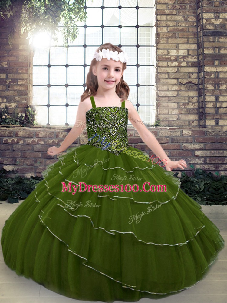Floor Length Olive Green Kids Formal Wear Tulle Sleeveless Beading and Ruffled Layers