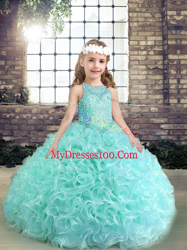 Inexpensive Scoop Sleeveless Pageant Dress Womens Floor Length Beading Apple Green Fabric With Rolling Flowers