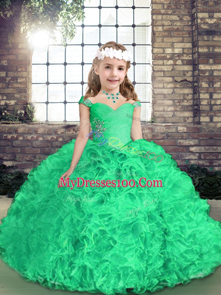 Perfect Beading and Ruffles Girls Pageant Dresses Green Side Zipper Sleeveless Floor Length