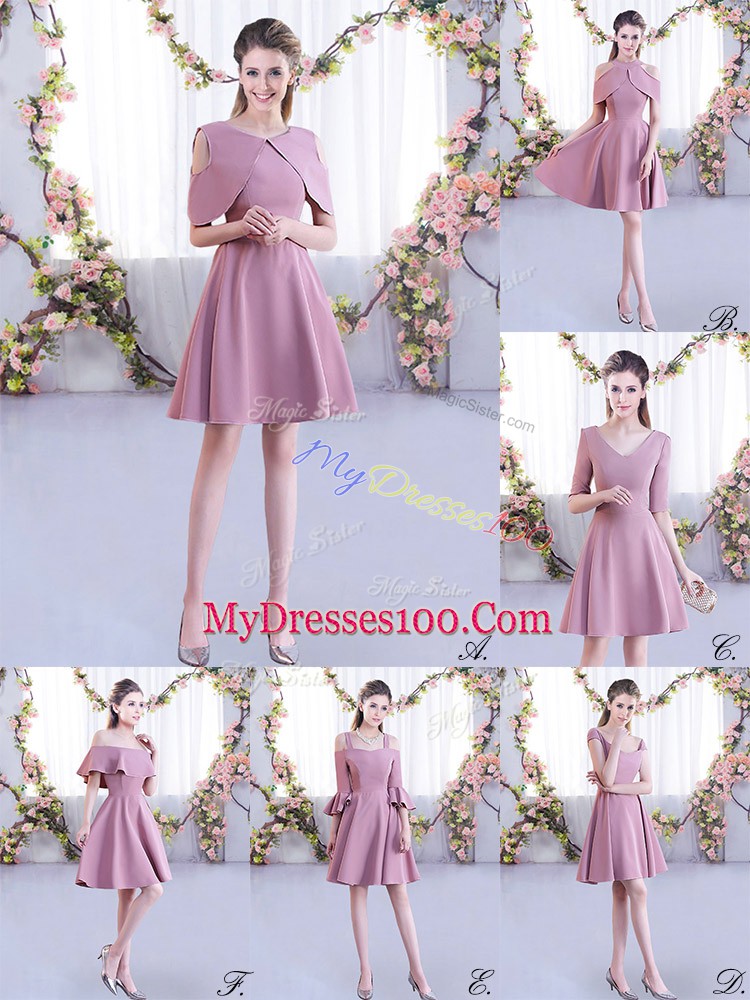 Free and Easy Pink Half Sleeves Mini Length Ruching Zipper Bridesmaid Gown