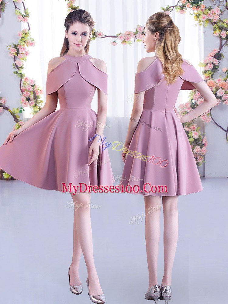 Free and Easy Pink Half Sleeves Mini Length Ruching Zipper Bridesmaid Gown