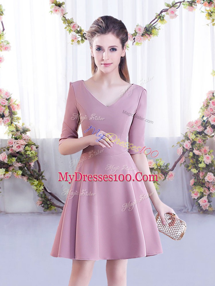 Free and Easy Pink Half Sleeves Mini Length Ruching Zipper Bridesmaid Gown