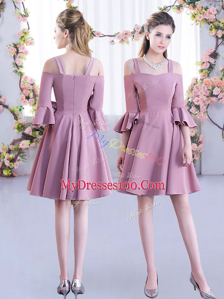 Free and Easy Pink Half Sleeves Mini Length Ruching Zipper Bridesmaid Gown