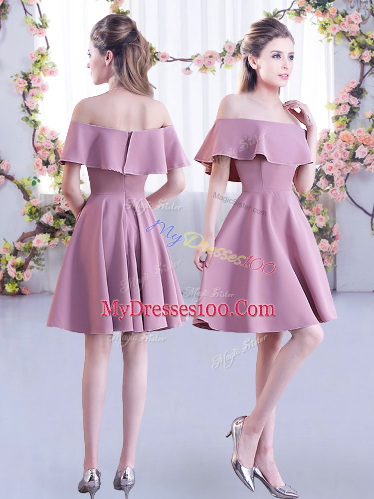 Free and Easy Pink Half Sleeves Mini Length Ruching Zipper Bridesmaid Gown