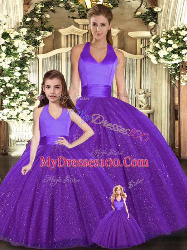 Wonderful Purple Halter Top Neckline Ruching Quinceanera Gowns Sleeveless Lace Up