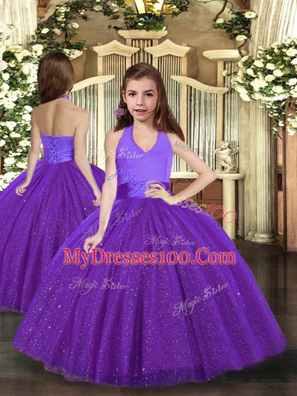 Wonderful Purple Halter Top Neckline Ruching Quinceanera Gowns Sleeveless Lace Up