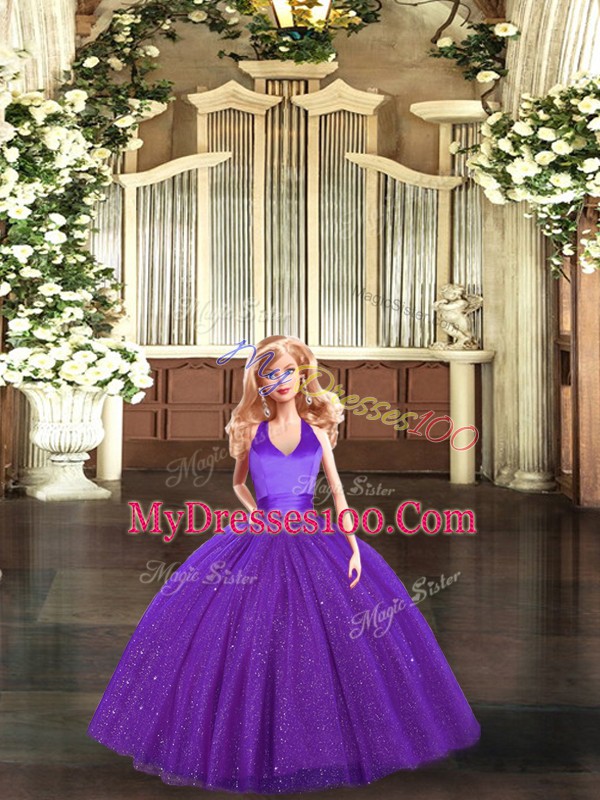 Wonderful Purple Halter Top Neckline Ruching Quinceanera Gowns Sleeveless Lace Up