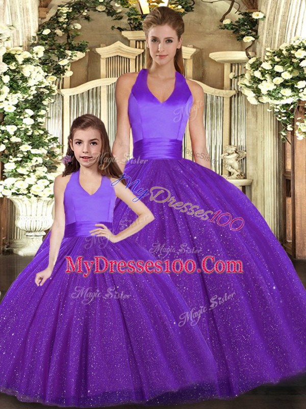 Wonderful Purple Halter Top Neckline Ruching Quinceanera Gowns Sleeveless Lace Up