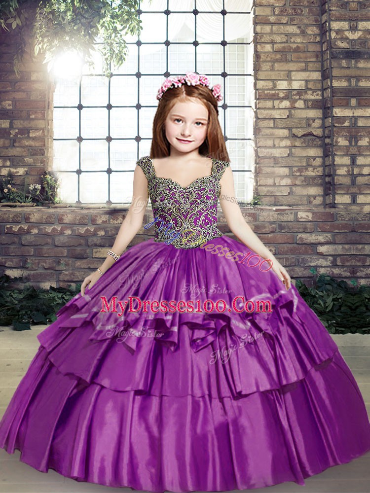 Perfect Purple Straps Lace Up Beading Kids Formal Wear Sleeveless