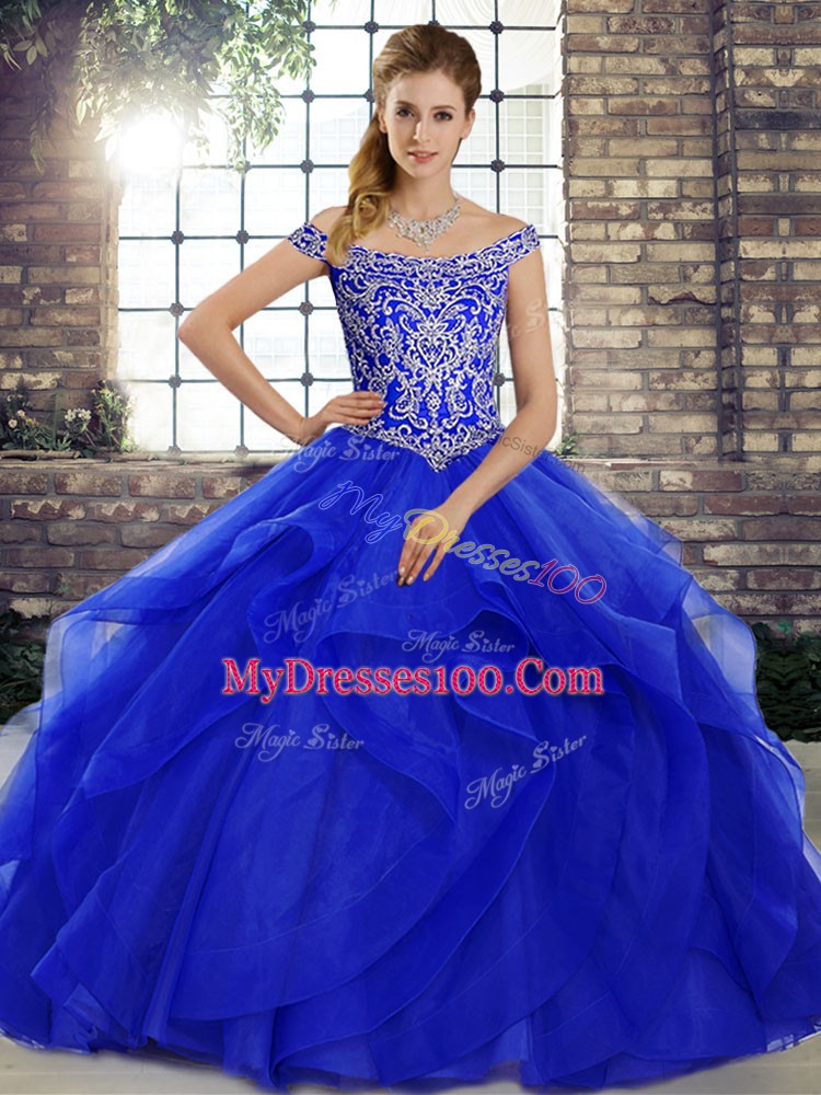 Royal Blue Sleeveless Beading and Ruffles Lace Up Quinceanera Gown