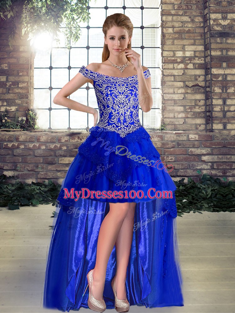 Custom Design Sleeveless High Low Beading and Lace Lace Up Cocktail Dress with Royal Blue