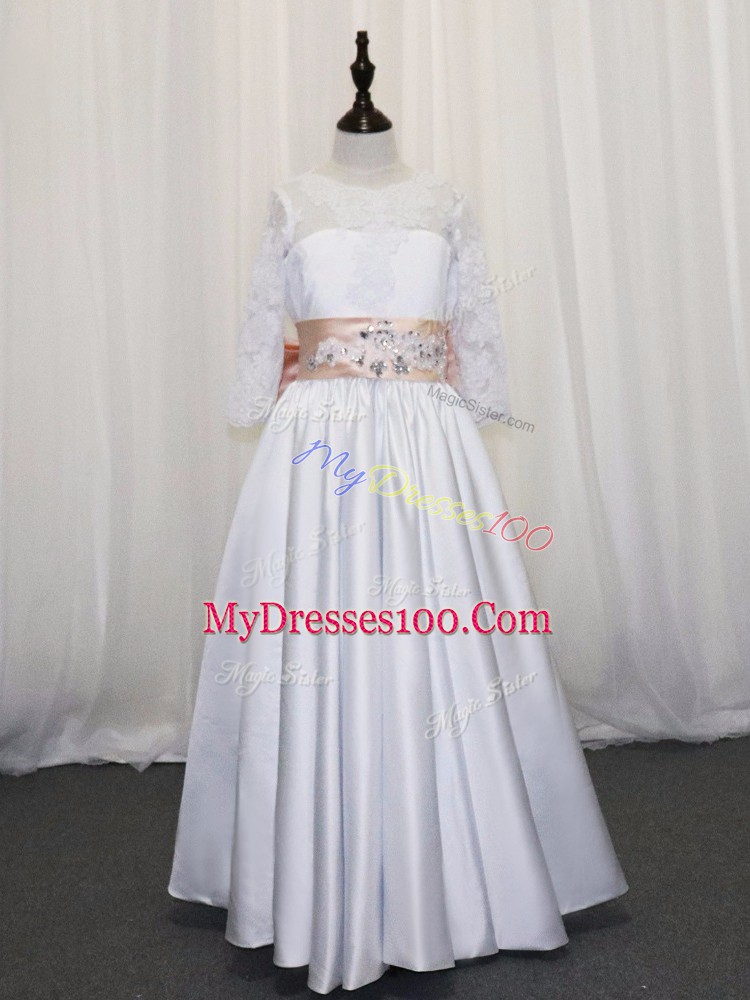 Glorious Half Sleeves Lace Up Floor Length Lace and Bowknot Flower Girl Dresses for Less