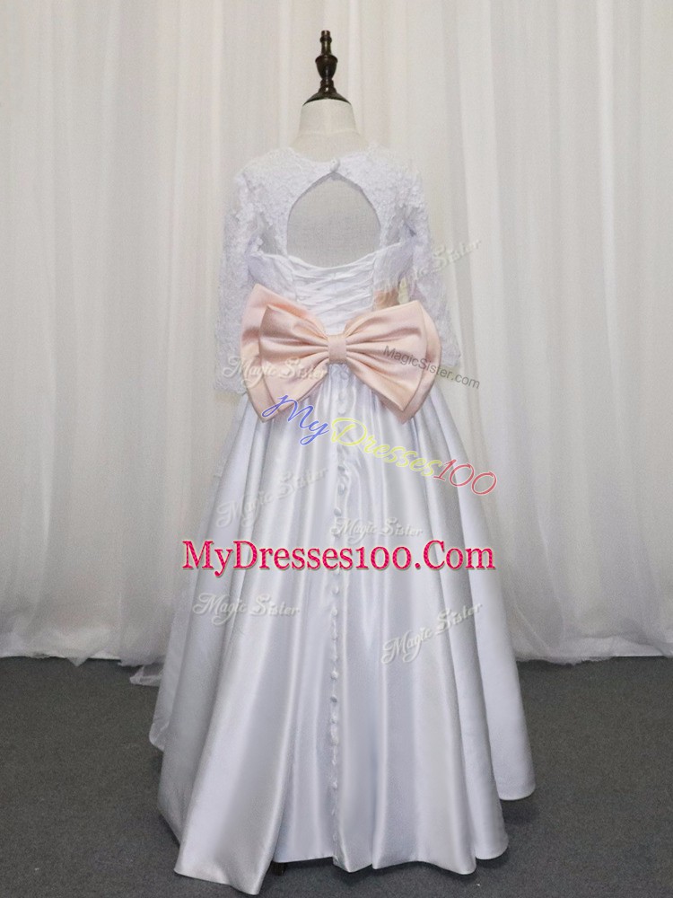 Glorious Half Sleeves Lace Up Floor Length Lace and Bowknot Flower Girl Dresses for Less
