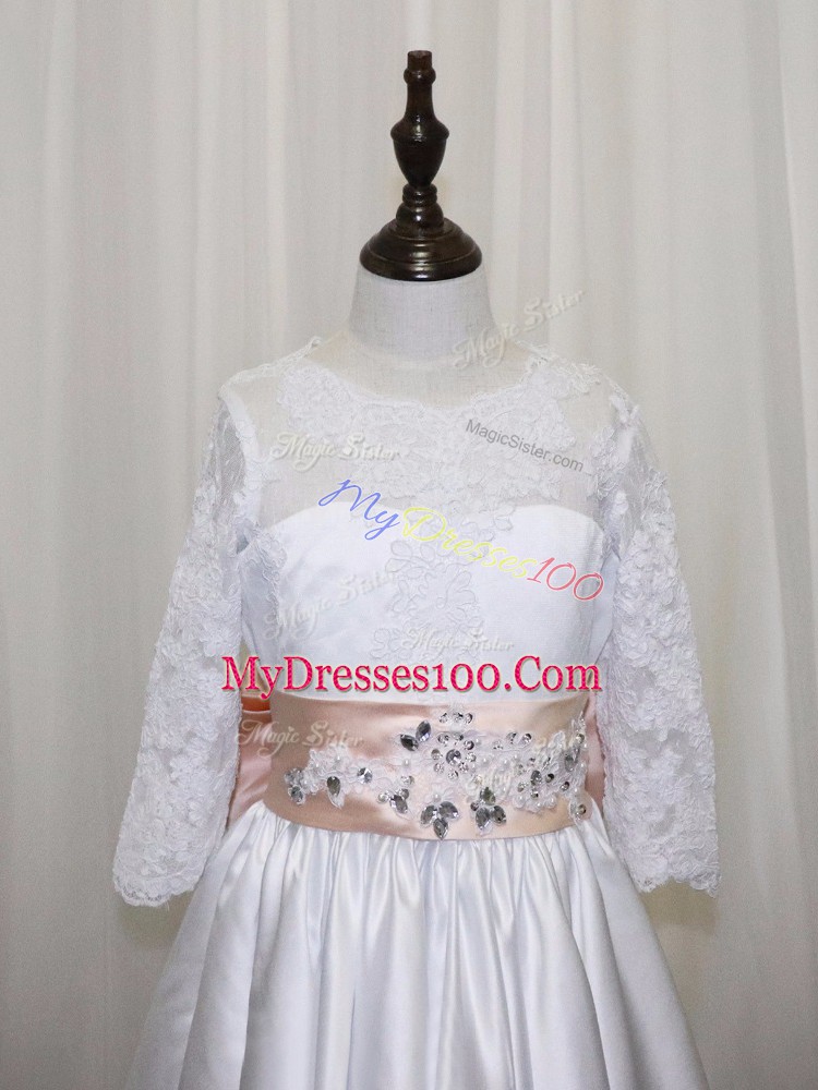 Glorious Half Sleeves Lace Up Floor Length Lace and Bowknot Flower Girl Dresses for Less