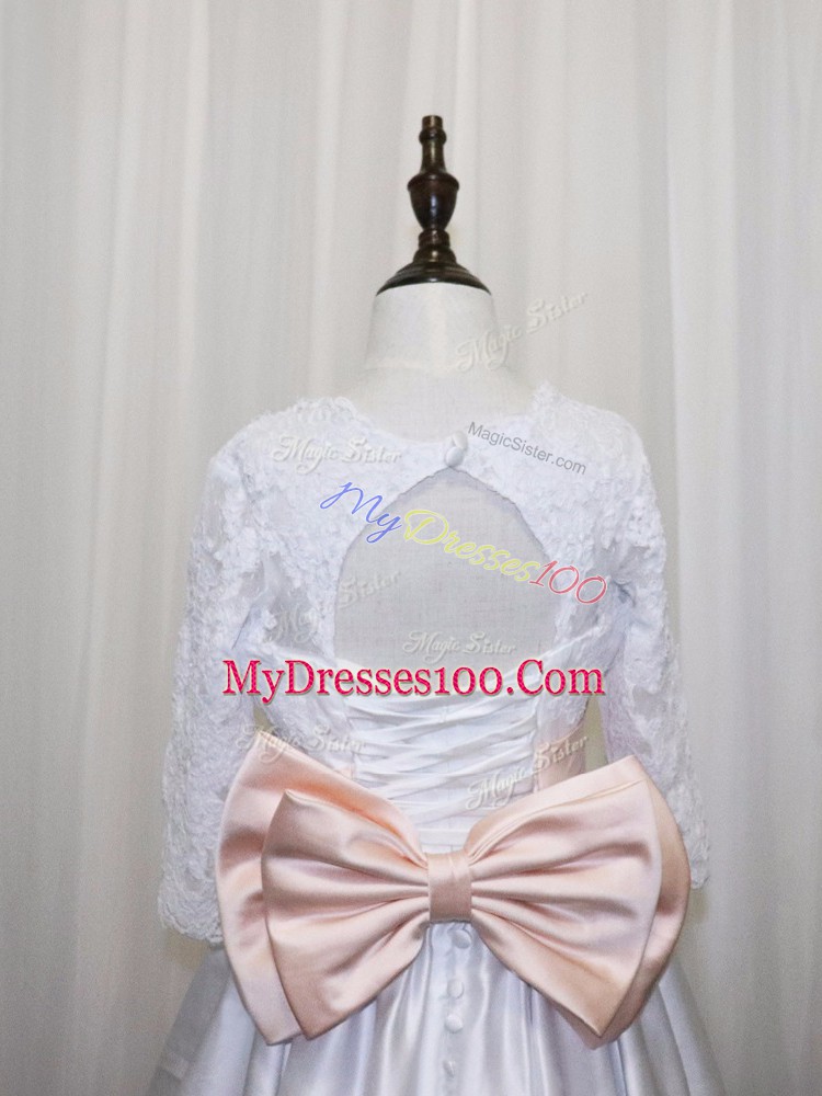 Glorious Half Sleeves Lace Up Floor Length Lace and Bowknot Flower Girl Dresses for Less