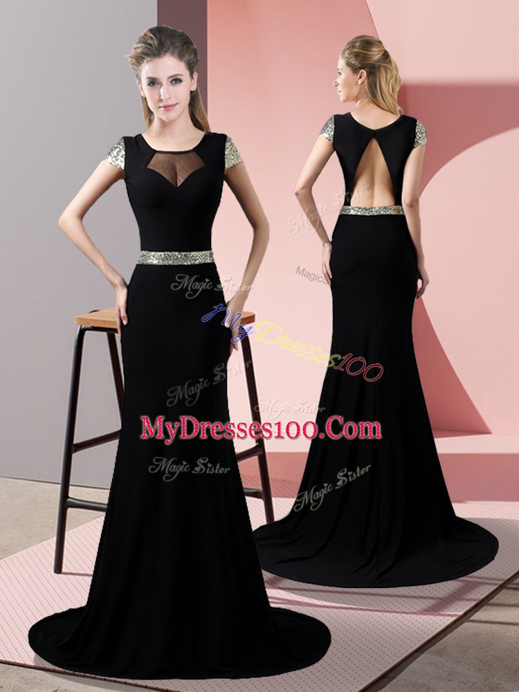 New Arrival Square Short Sleeves Satin Prom Dresses Sequins Sweep Train Backless