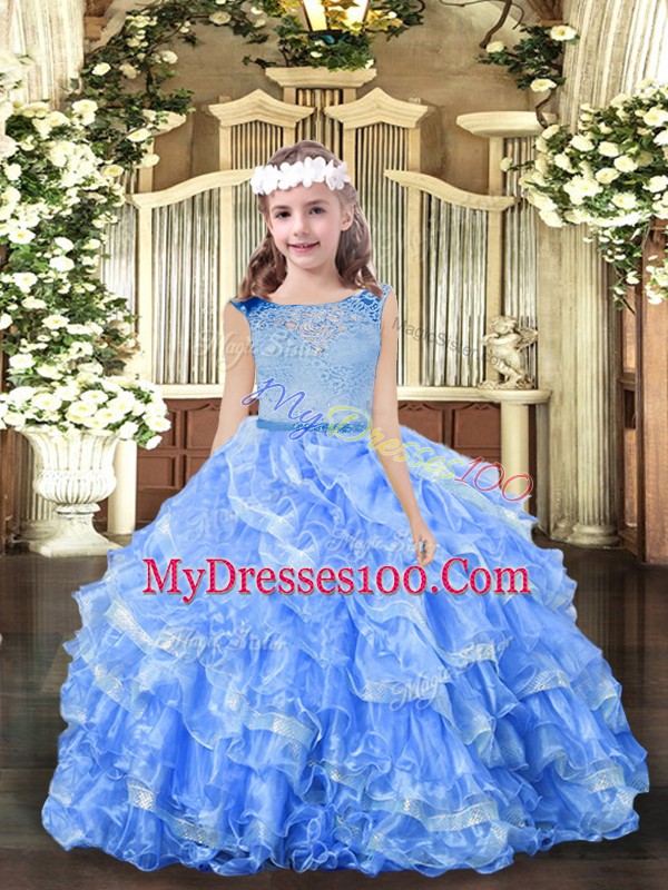 Customized Blue Sleeveless Floor Length Beading and Ruffles Zipper Kids Pageant Dress