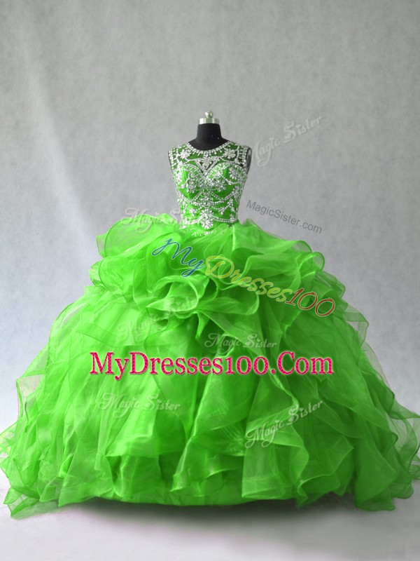 On Sale Floor Length Ball Gown Prom Dress Organza Sleeveless Beading and Ruffles
