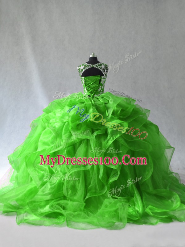 On Sale Floor Length Ball Gown Prom Dress Organza Sleeveless Beading and Ruffles