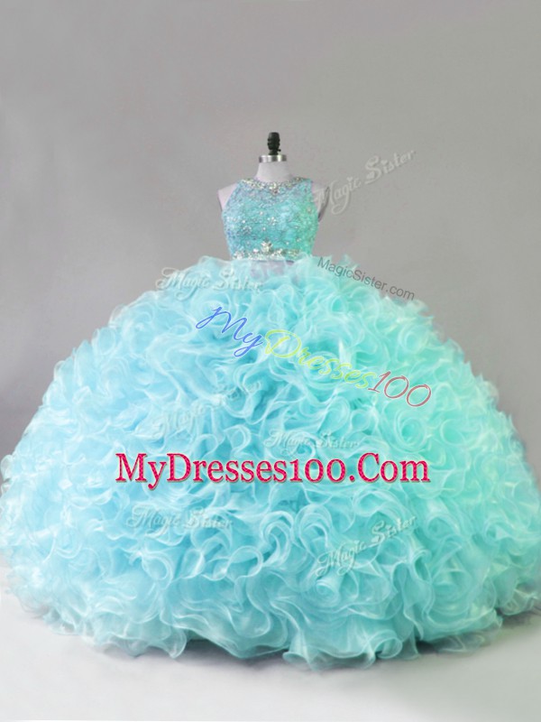 Floor Length Blue Quinceanera Gown Scoop Sleeveless Zipper