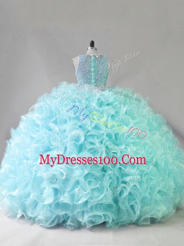 Floor Length Blue Quinceanera Gown Scoop Sleeveless Zipper