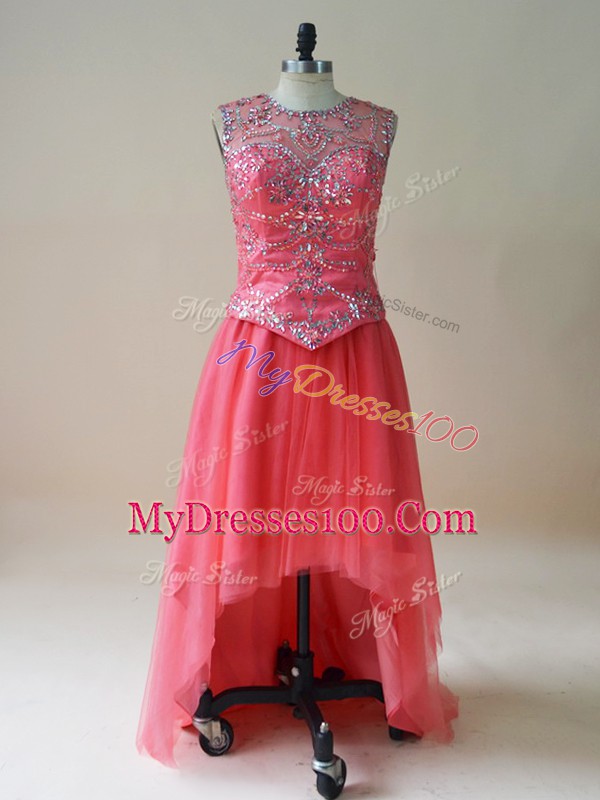 High Class Coral Red Sleeveless Tulle Prom Dress for Prom and Party and Military Ball