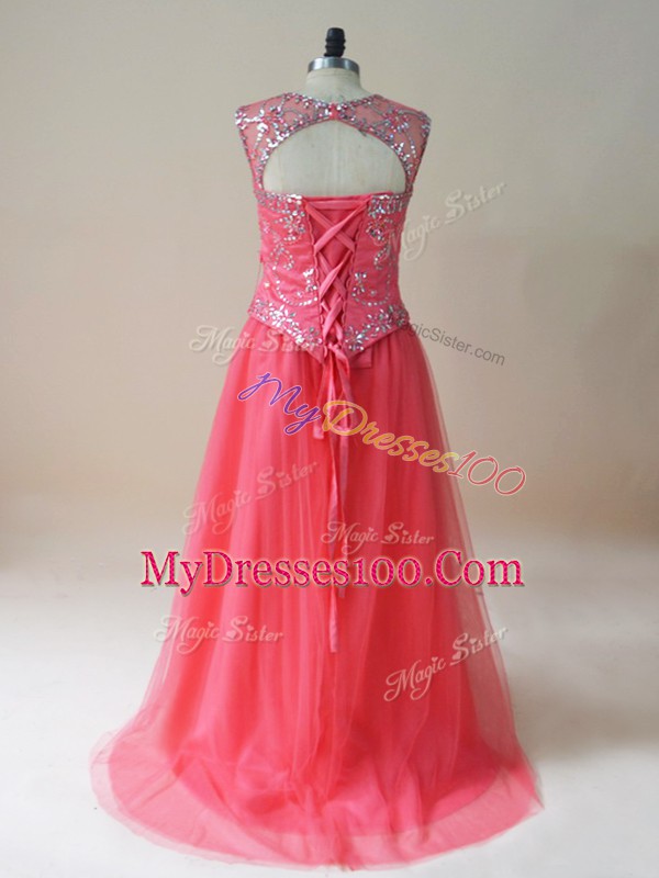 High Class Coral Red Sleeveless Tulle Prom Dress for Prom and Party and Military Ball