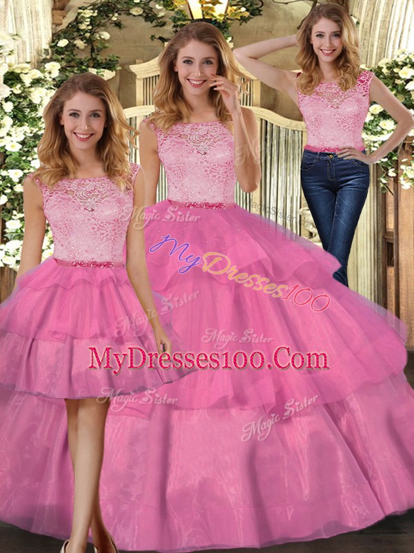 Flirting Hot Pink Zipper 15 Quinceanera Dress Lace Sleeveless Floor Length