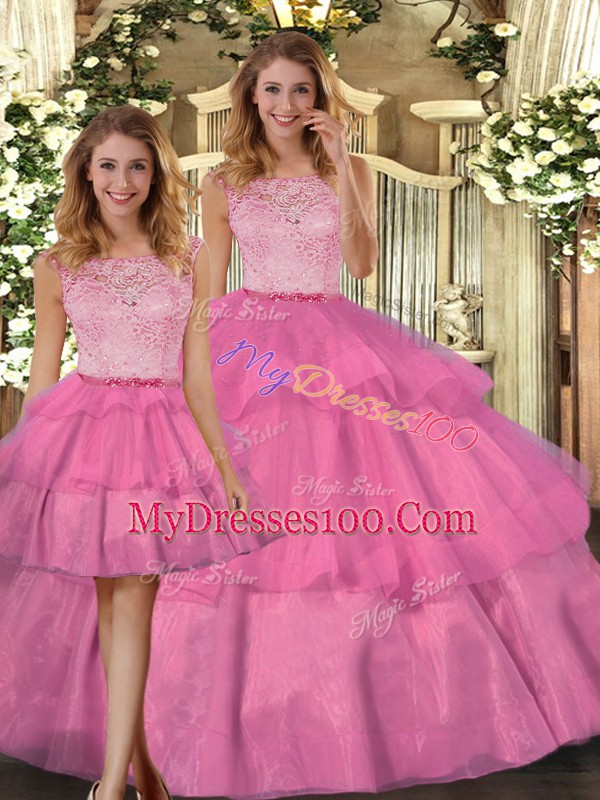 Flirting Hot Pink Zipper 15 Quinceanera Dress Lace Sleeveless Floor Length