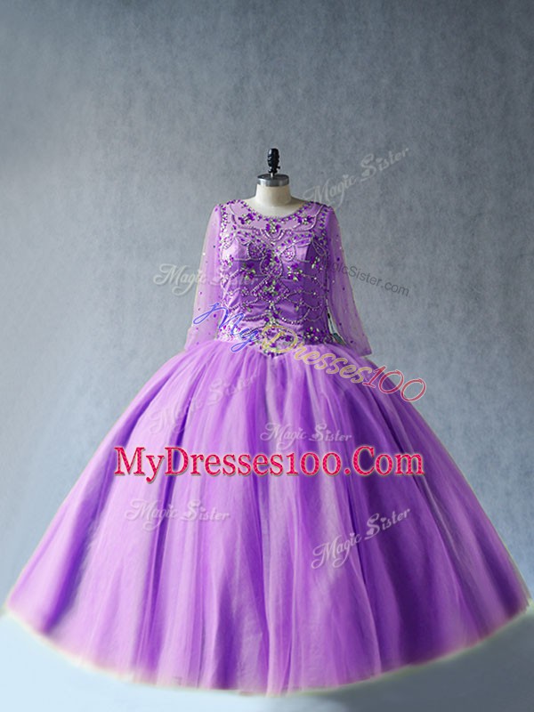 Scoop Long Sleeves Quinceanera Dresses Floor Length Beading Lavender Tulle