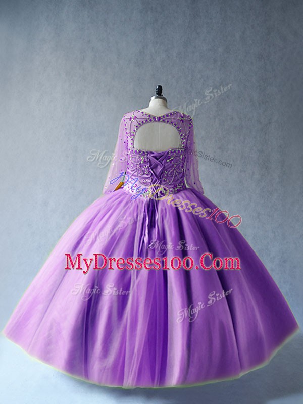 Scoop Long Sleeves Quinceanera Dresses Floor Length Beading Lavender Tulle