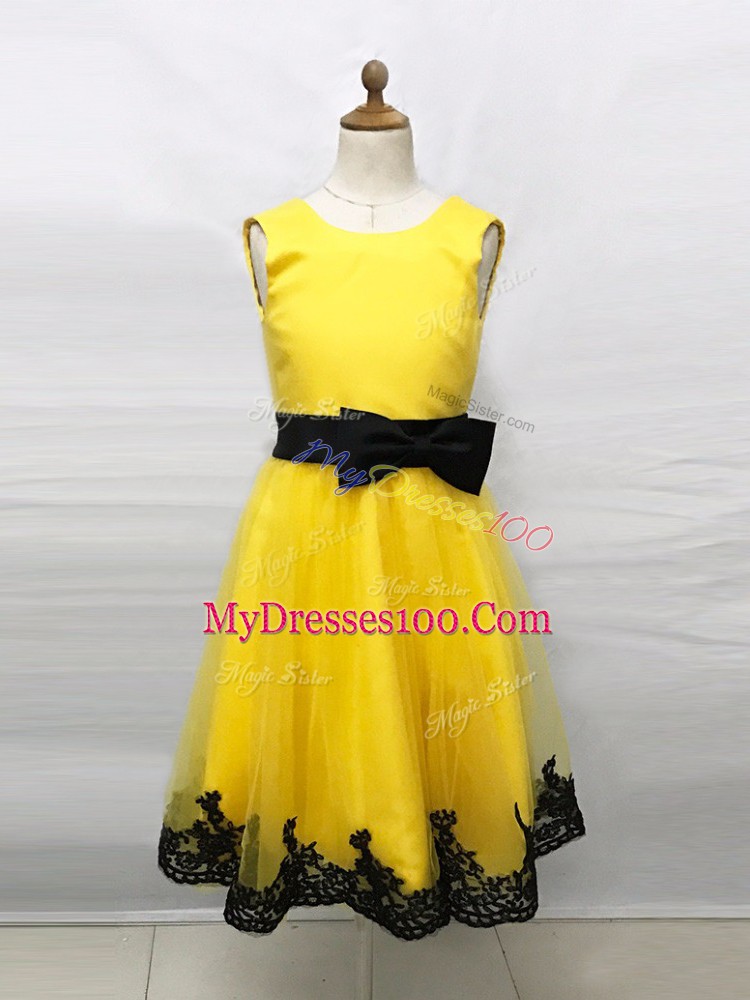 Yellow Empire Lace and Belt Flower Girl Dresses for Less Zipper Tulle Sleeveless Tea Length