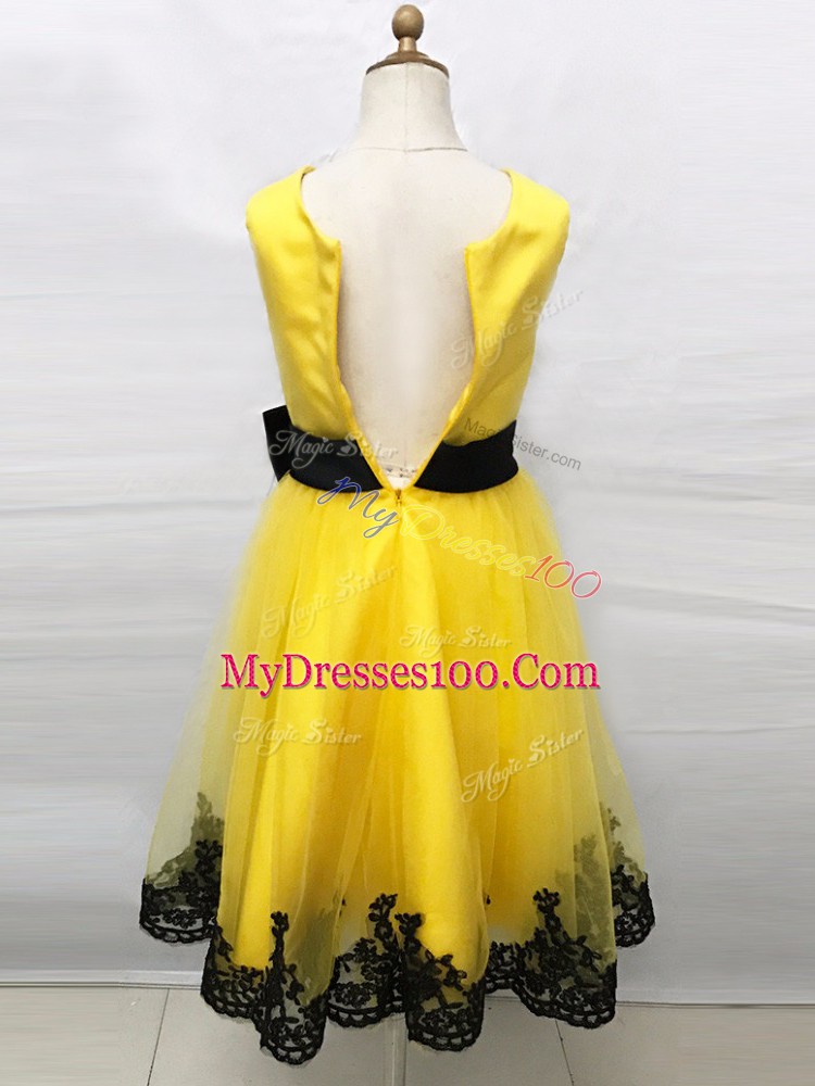 Yellow Empire Lace and Belt Flower Girl Dresses for Less Zipper Tulle Sleeveless Tea Length