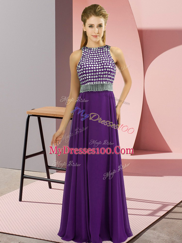Purple Empire Beading Prom Dress Side Zipper Chiffon Sleeveless Floor Length