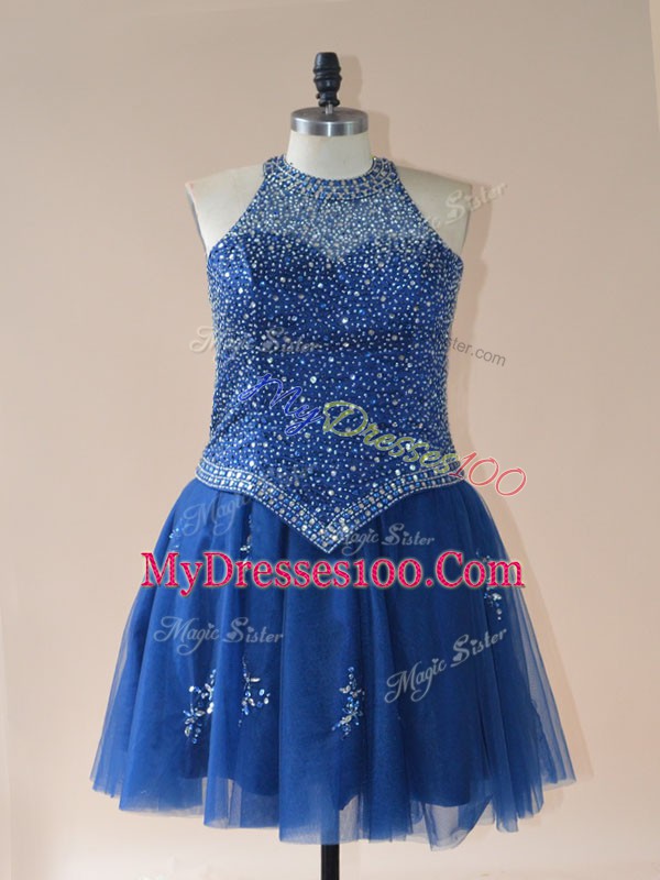 A-line Prom Homecoming Dress Royal Blue Halter Top Tulle Sleeveless Mini Length Lace Up